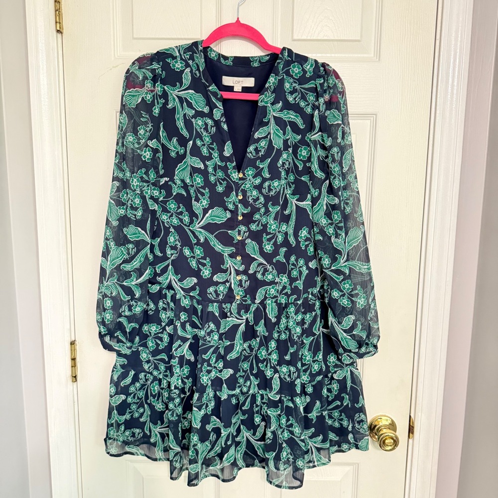 LOFT Womens Navy Green Floral Paisley Tiered Mini Dress Long Sleeve Size S Gold